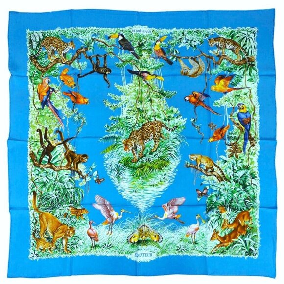 NWT Hermes 100% Silk Carre 90 Twill EQUATEUR By Robert Dallet Blue Green Scarf - Picture 1 of 9